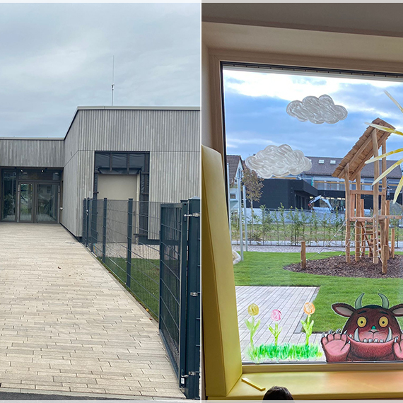 Slider, aus 4 Fotos zusammengesetzt (von links nach rechts): Außenansicht Kinderhaus, Eingang Kinderhaus, Nebenraum Dachsbau, Garten Kindergarten