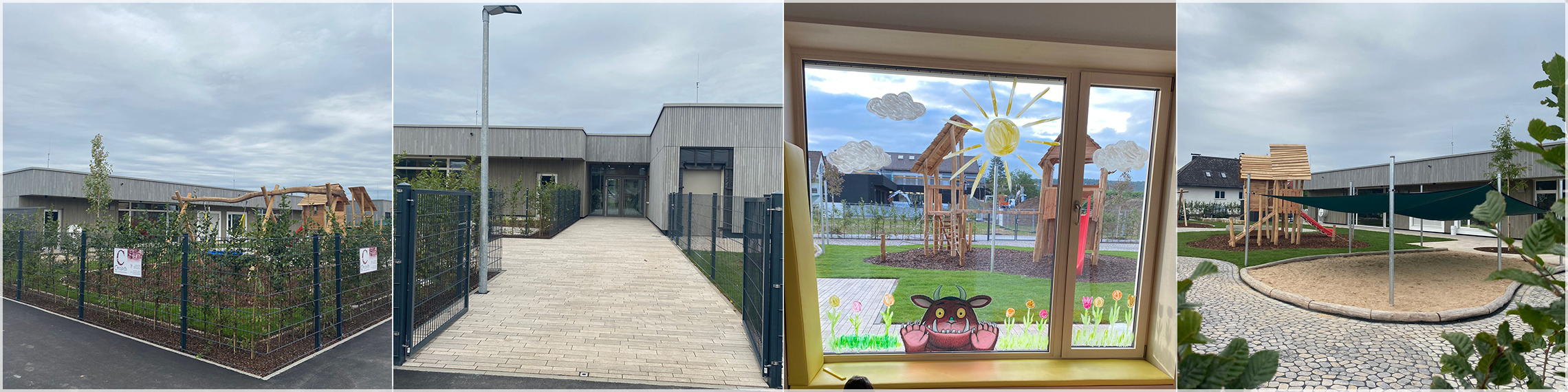 Slider, aus 4 Fotos zusammengesetzt (von links nach rechts): Außenansicht Kinderhaus, Eingang Kinderhaus, Nebenraum Dachsbau, Garten Kindergarten