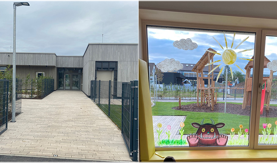 Slider, aus 4 Fotos zusammengesetzt (von links nach rechts): Außenansicht Kinderhaus, Eingang Kinderhaus, Nebenraum Dachsbau, Garten Kindergarten