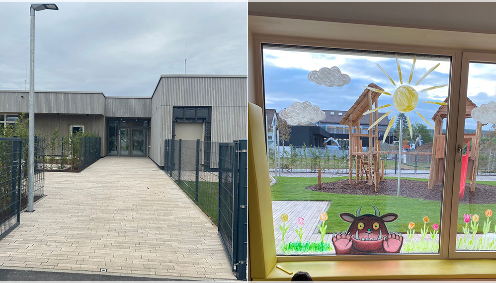 Slider, aus 4 Fotos zusammengesetzt (von links nach rechts): Außenansicht Kinderhaus, Eingang Kinderhaus, Nebenraum Dachsbau, Garten Kindergarten