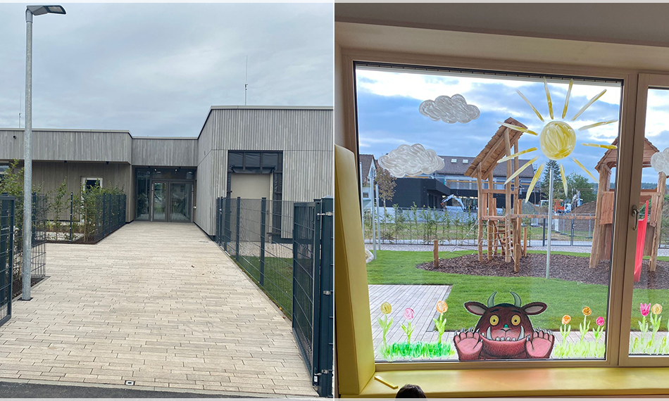 Slider, aus 4 Fotos zusammengesetzt (von links nach rechts): Außenansicht Kinderhaus, Eingang Kinderhaus, Nebenraum Dachsbau, Garten Kindergarten