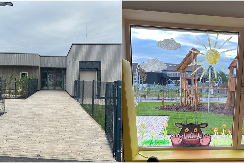 Slider, aus 4 Fotos zusammengesetzt (von links nach rechts): Außenansicht Kinderhaus, Eingang Kinderhaus, Nebenraum Dachsbau, Garten Kindergarten
