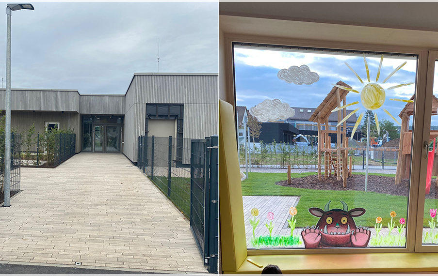 Slider, aus 4 Fotos zusammengesetzt (von links nach rechts): Außenansicht Kinderhaus, Eingang Kinderhaus, Nebenraum Dachsbau, Garten Kindergarten